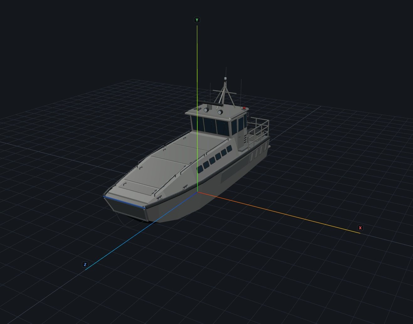 A vessel model on the vehicle editor grid, with its axes drawn through it.