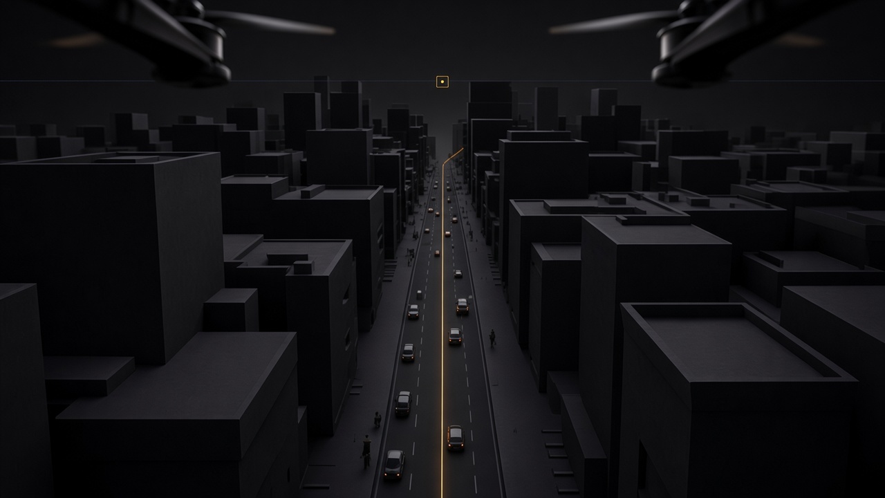 Concept image of the first-person view from a drone above a city street, its route drawn in amber along the road.