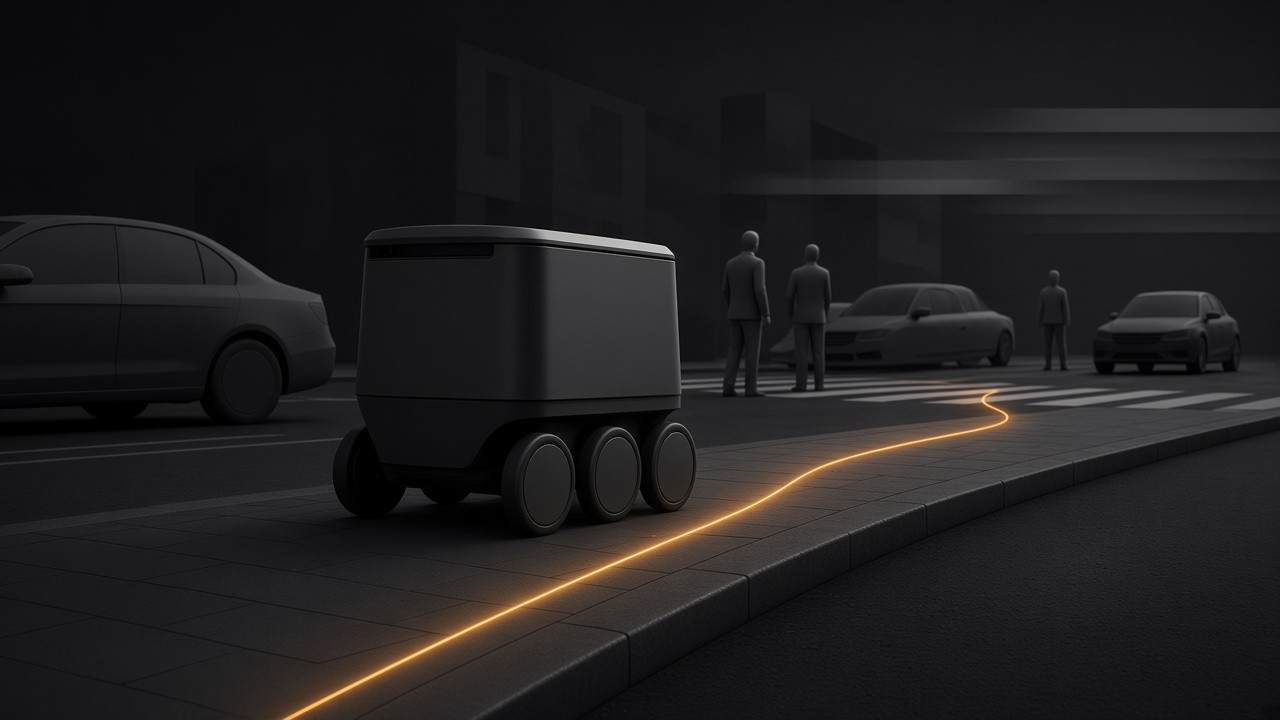 Concept image of a delivery robot on a sidewalk near a crossing, with parked cars and people on foot, its route drawn in amber.