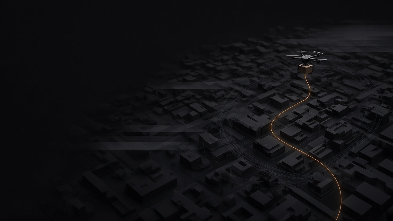 Concept image of a delivery drone carrying a parcel over a city district, its route drawn in amber through the streets.