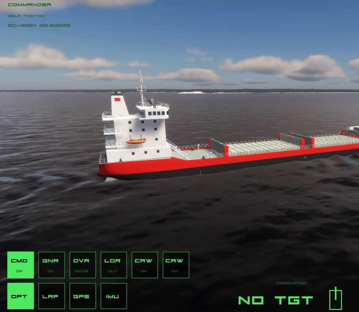 Commander station on a ship under way, with the crew seats for commander, gunner, driver, loader and crew, and the sensor stations below.