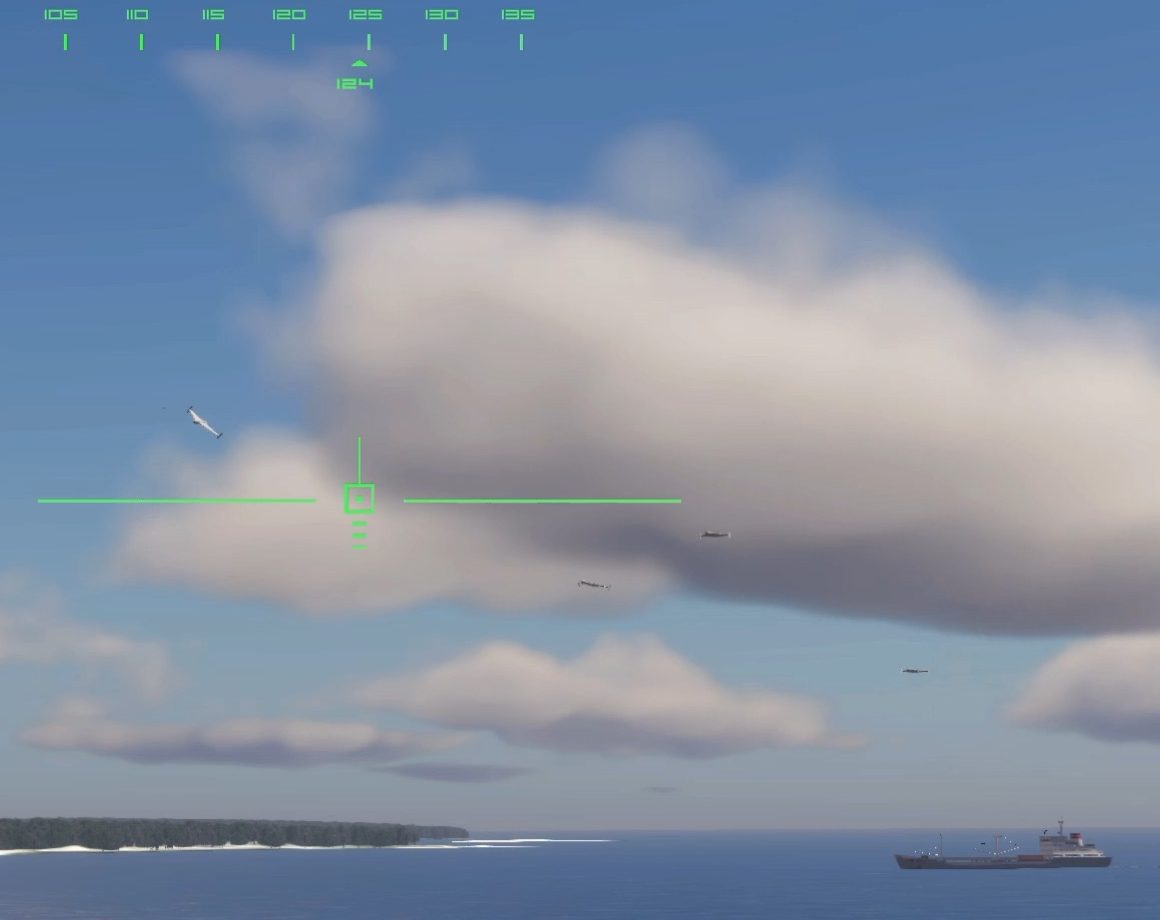Air defense gunner view: the reticle among drones and cloud, a ship under way below.