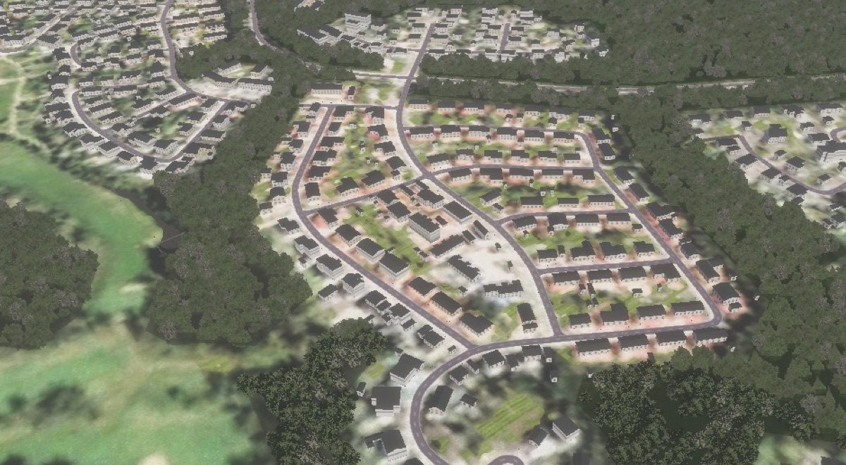 A town from the air, its buildings, roads and forest built from measured data.