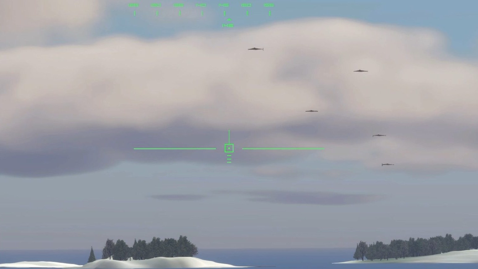 Gunner view: drones in and above a cloud deck, the reticle between them.