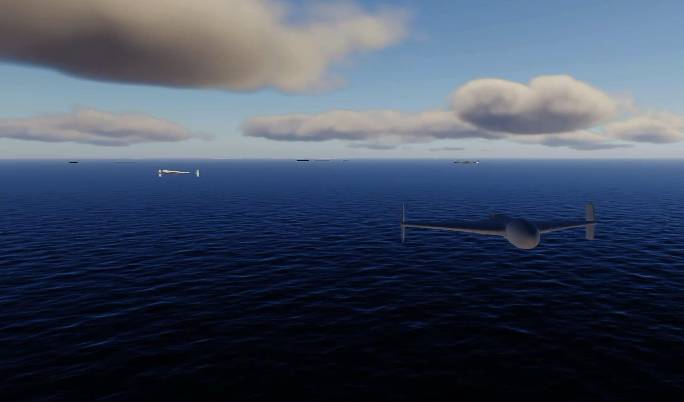 A fixed-wing drone over open sea, a second drone in the distance, and vessels low on the horizon.