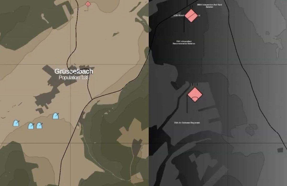 The tactical map: friendly and hostile units on real terrain.
